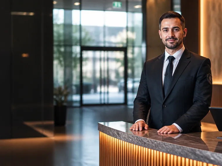 Licensed concierge security guard at a Melbourne apartment lobby desk